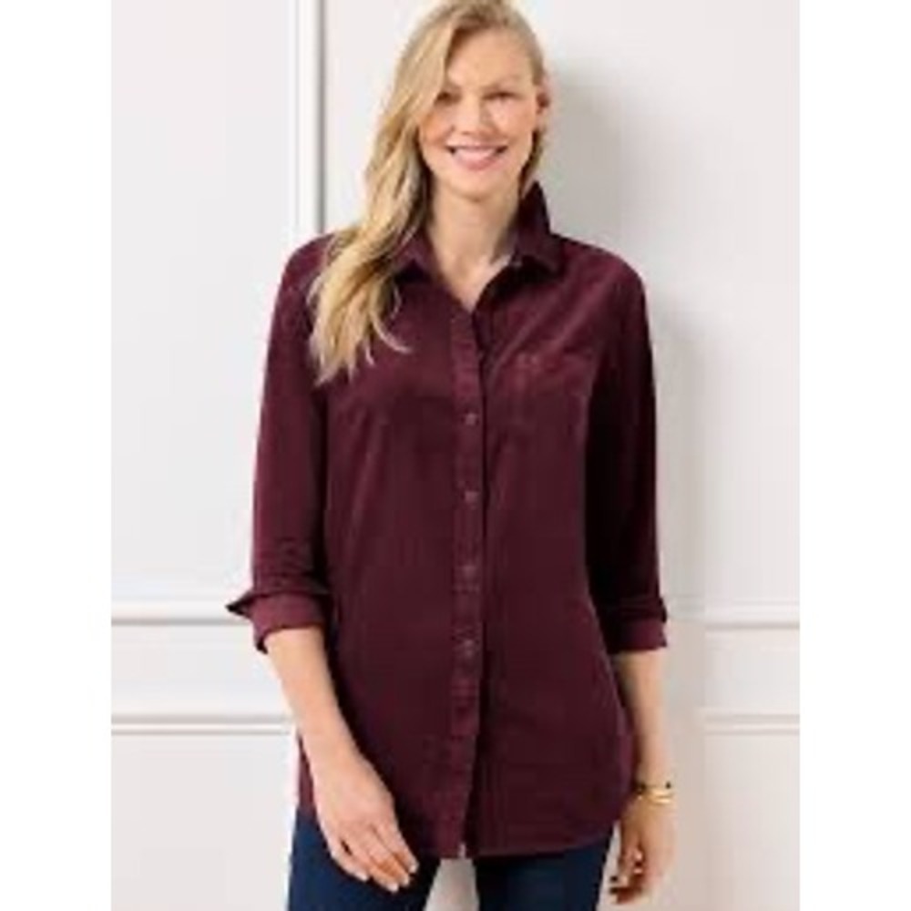 Talbots Women Medium Petite Purple Corduroy Button Down Shirt Long Sleeve Cotton